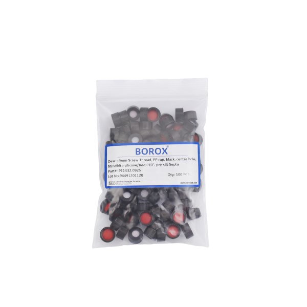 BOROX Yarıklı Siyah Screw Vial Kapağı ND9 - Kırmızı PTFE/Beyaz Silikon Septa - 100lü