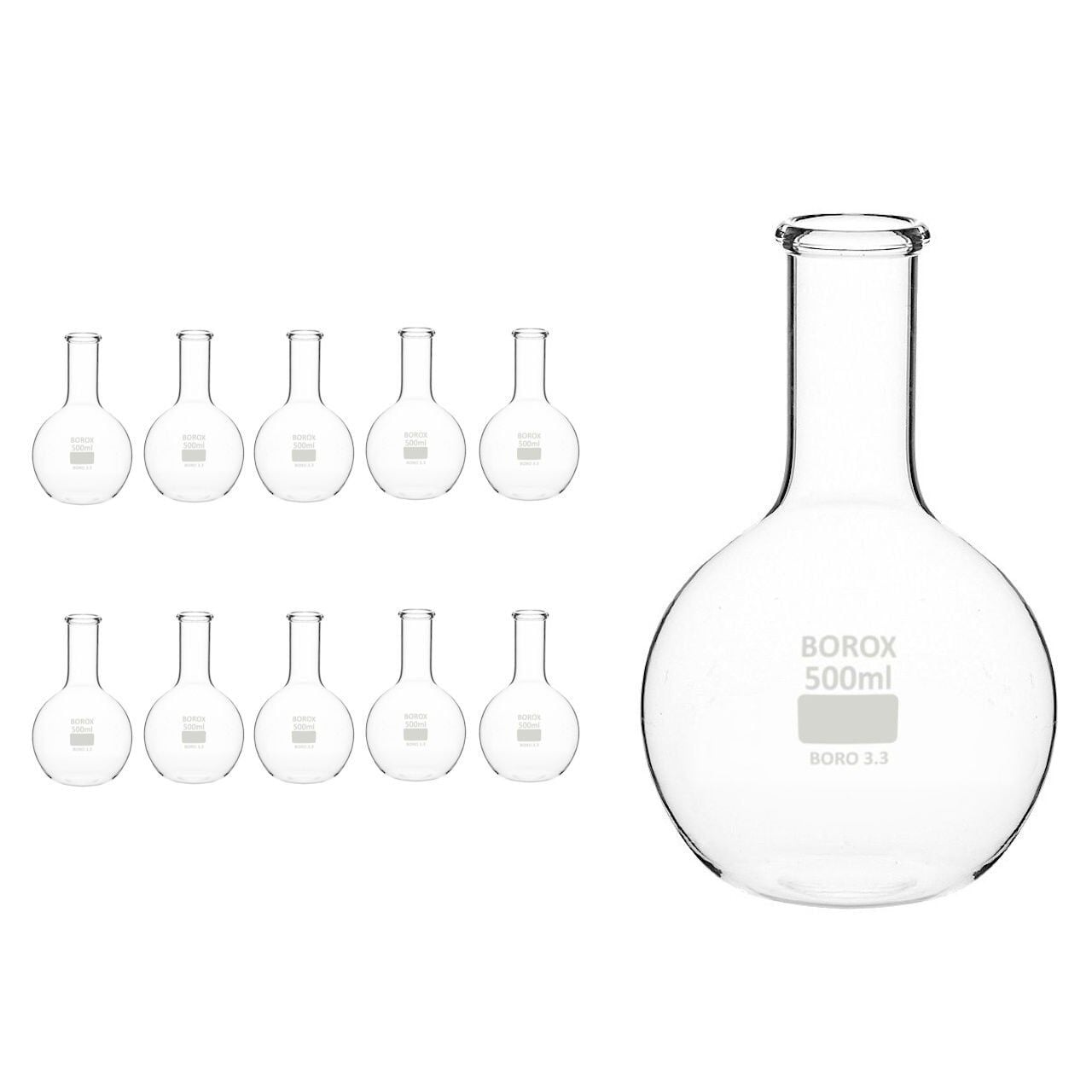 Borox Cam Balon 50 ml - Dibi Düz - Şilifsiz Deney Balonu - 10 Adet Toptan