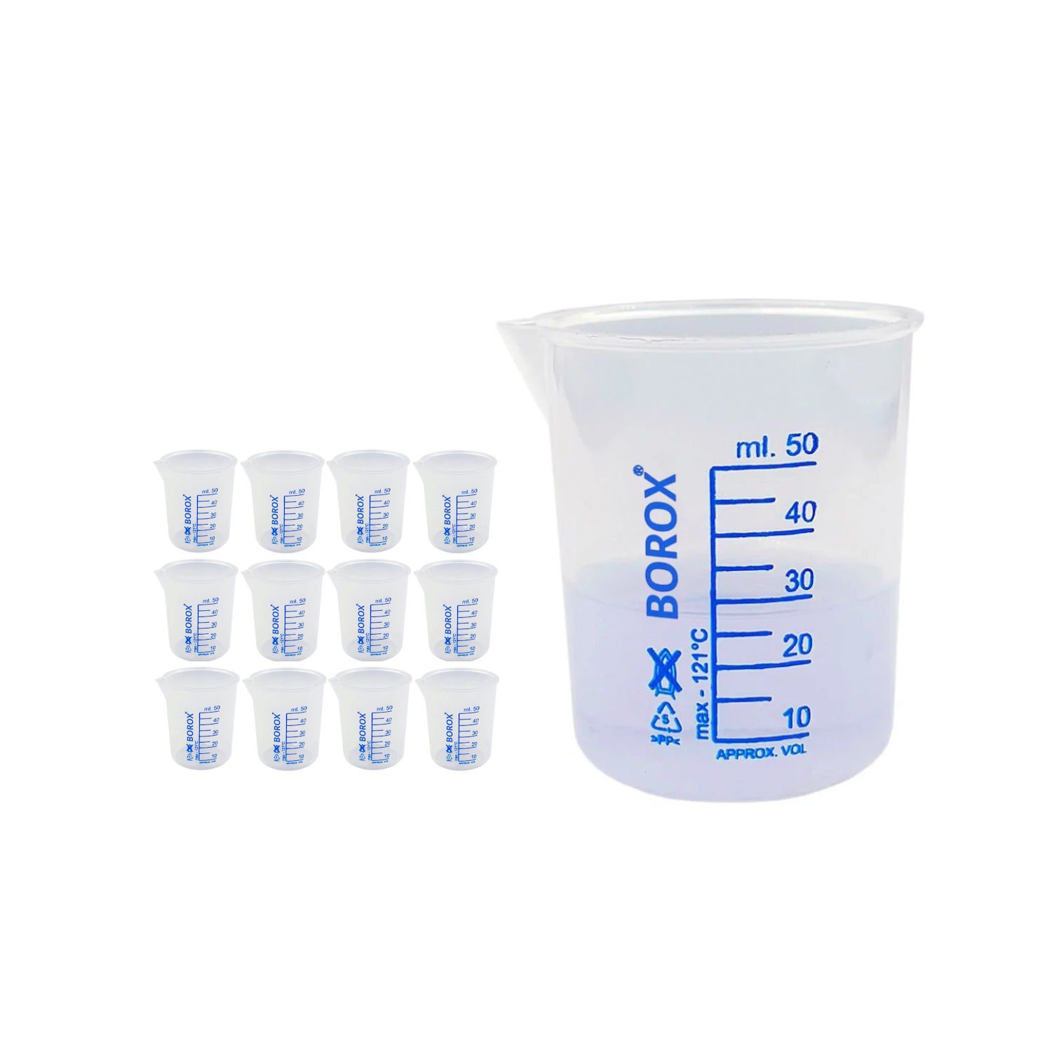 Borox Plastik Beher 50 ml - Ölçü Kabı - Mavi Skala - 12 Adet/Toptan