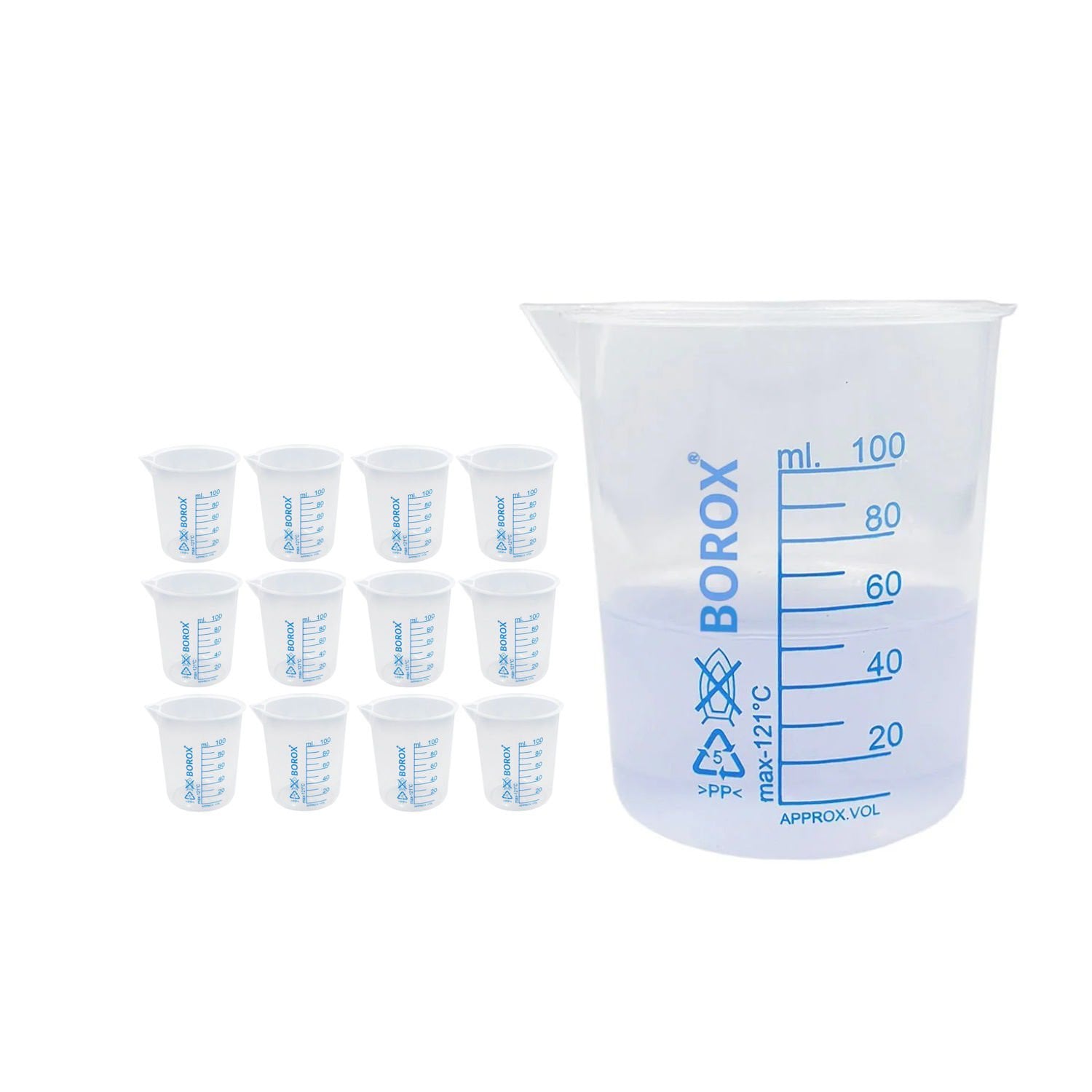 Borox Plastik Beher 100 ml - Ölçü Kabı - Mavi Skala - 12 Adet/Toptan