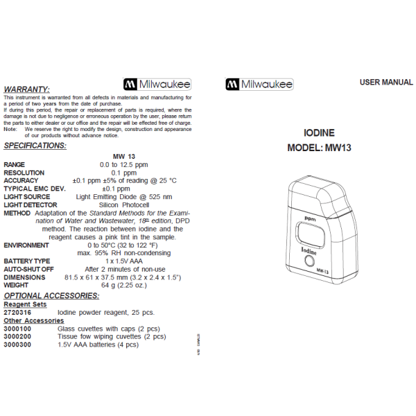 Milwaukee Mi527 İyot Reaktif Seti - MW13 Fotometre İçin