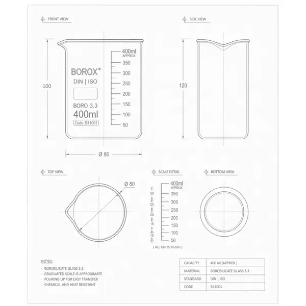Borox Cam Beher 400 ml - Kısa Form Isıya Dayanıklı Beaker