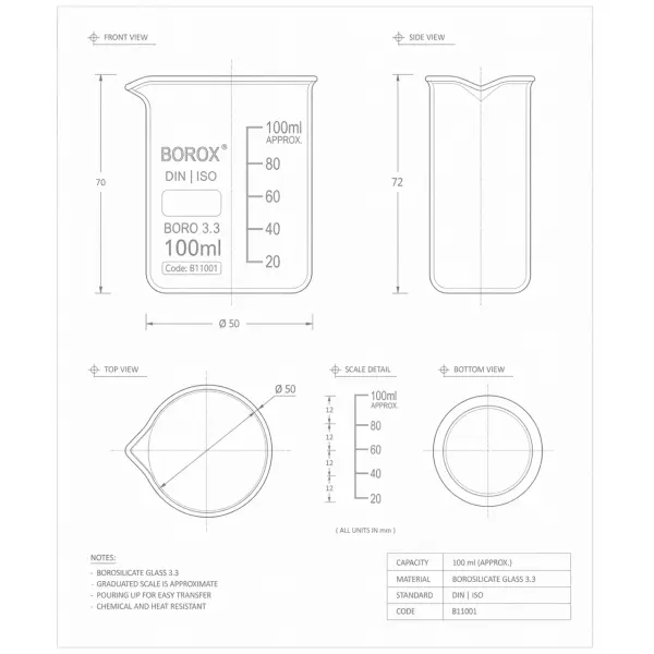Borox Cam Beher 100 ml - Kısa Form Isıya Dayanıklı Beaker