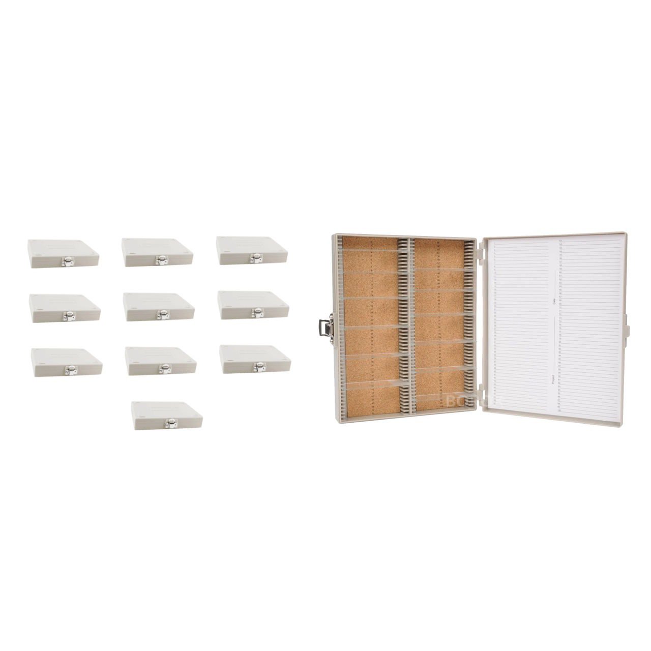 Borox Mikroskop Slide Saklama Kutusu - Mantar Tabanlı 100lü Slayt Kabı - Metal Kilitli - Beyaz - 10 Adet Toptan