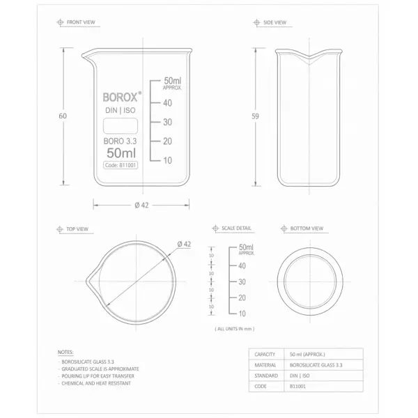 Borox Cam Beher 50 ml - Kısa Form Isıya Dayanıklı Beaker