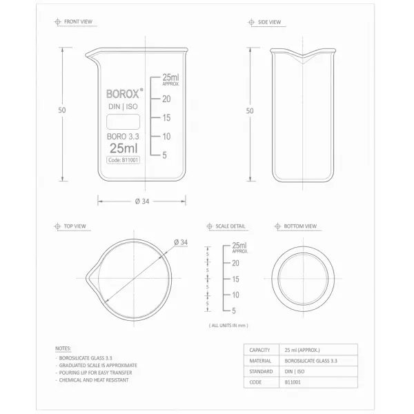 Borox Cam Beher 25 ml - Kısa Form Isıya Dayanıklı Beaker