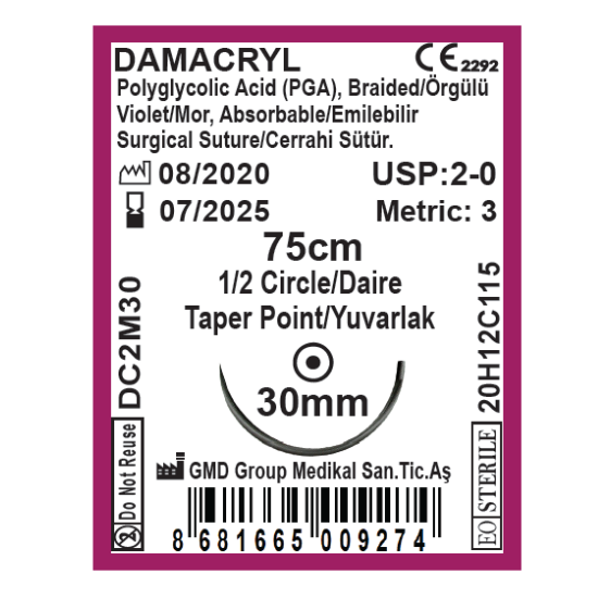 Damacryl Emilebilir Cerrahi Sütür - PGA İplik - USP:2-0-75cm - 1/2 Daire 30 mm - Yuvarlak İğne