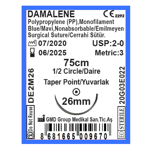Damalene Emilmeyen Cerrahi Sütür - PP iplik - USP: 2-0-75cm - 1/2 Daire 26 mm - Yuvarlak İğne