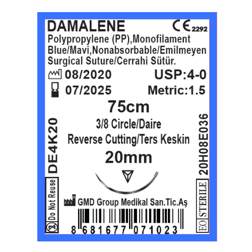 Damalene Emilmeyen Cerrahi Sütür - PP iplik - USP:4-0 - 75cm - 3/8 Daire 20 mm - Ters Keskin İğne