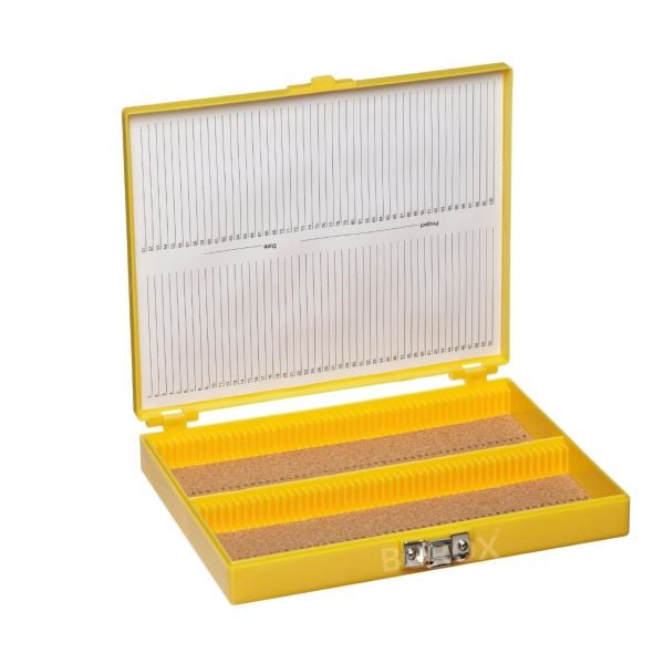 Borox Mikroskop Slide Saklama Kutusu - Mantar Tabanlı 100lü Slayt Kabı - Metal Kilitli - Sarı - 10 Adet Toptan