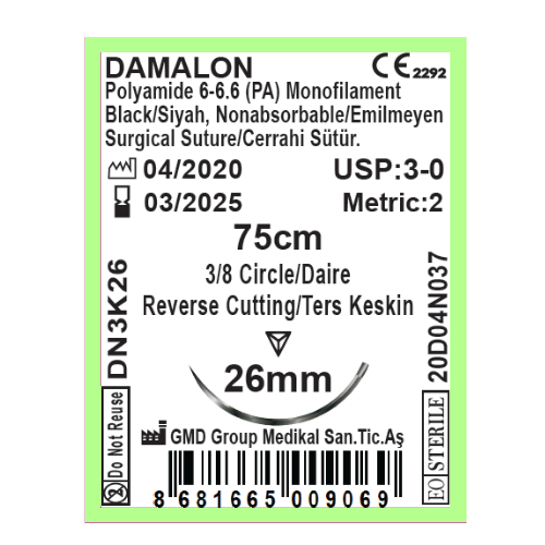 Cerrahi Sütür - Emilmeyen Ameliyat İpliği - Damalon PA İplik - USP:3-0 - 75 cm - 3/8 Daire 26 mm - Ters Keskin İğne