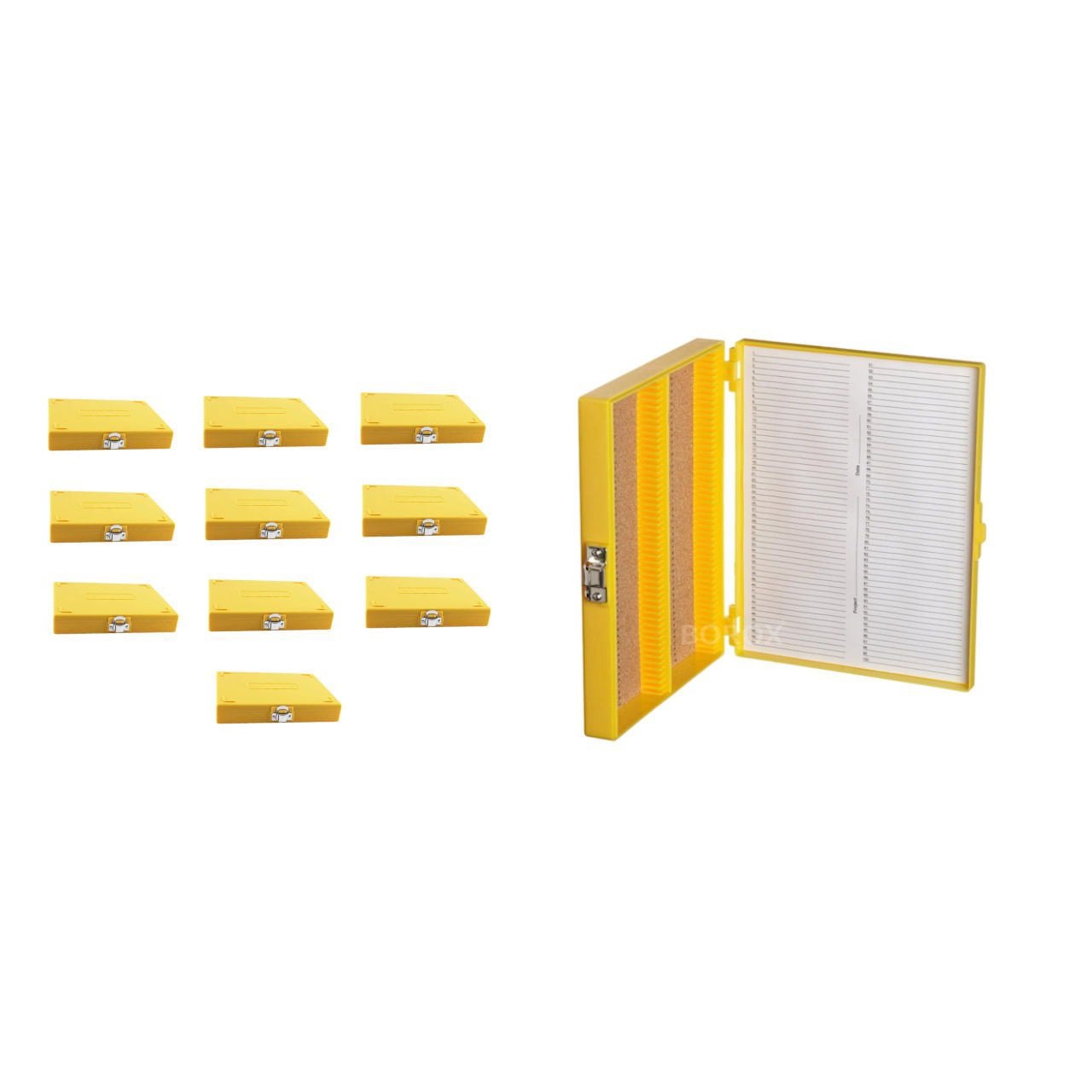 Borox Mikroskop Slide Saklama Kutusu - Mantar Tabanlı 100lü Slayt Kabı - Metal Kilitli - Sarı - 10 Adet Toptan