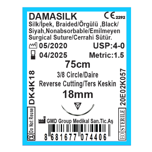 Damasilk Cerrahi Sütür - Emilmeyen Dikiş İpliği - İpek İplik - USP:4-0 - 75 cm - 3/8 Daire 18 mm - Ters Keskin İğne