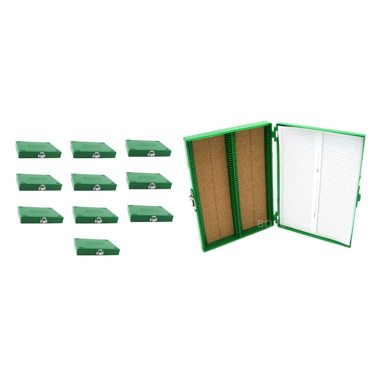 Borox Mikroskop Slide Saklama Kutusu - Mantar Tabanlı 100lü Slayt Kabı - Metal Kilitli - Yeşil - 10 Adet Toptan