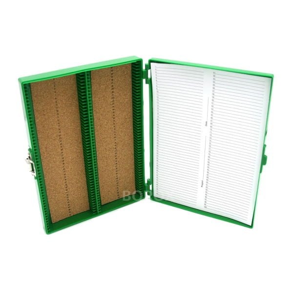 Borox Mikroskop Slide Saklama Kutusu - Mantar Tabanlı 100lü Slayt Kabı - Metal Kilitli - Yeşil - 10 Adet Toptan