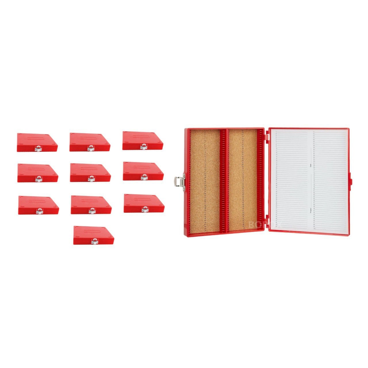 Borox Mikroskop Slide Saklama Kutusu - Mantar Tabanlı 100lü Slayt Kabı - Metal Kilitli - Kırmızı - 10 Adet Toptan