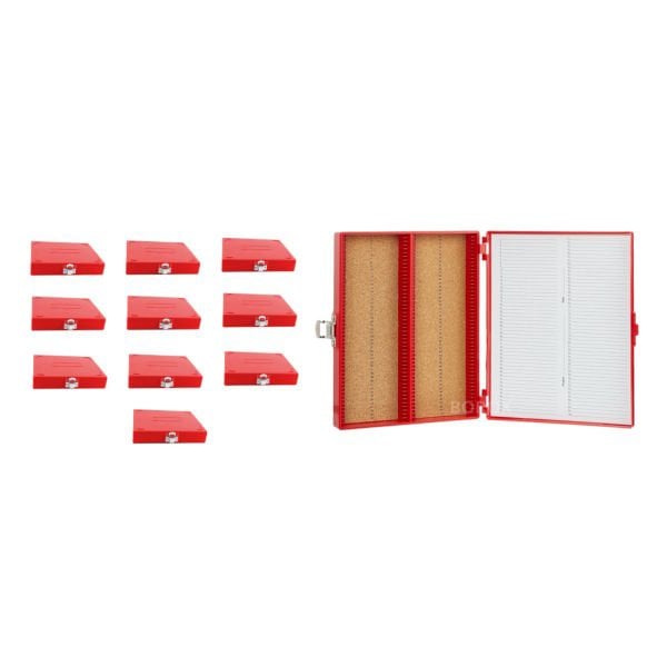 Borox Mikroskop Slide Saklama Kutusu - Mantar Tabanlı 100lü Slayt Kabı - Metal Kilitli - Kırmızı - 10 Adet Toptan