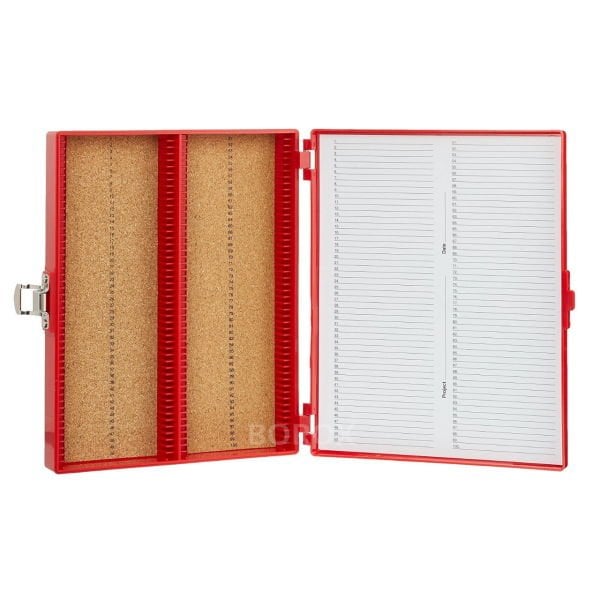 Borox Mikroskop Slide Saklama Kutusu - Mantar Tabanlı 100lü Slayt Kabı - Metal Kilitli - Kırmızı - 10 Adet Toptan