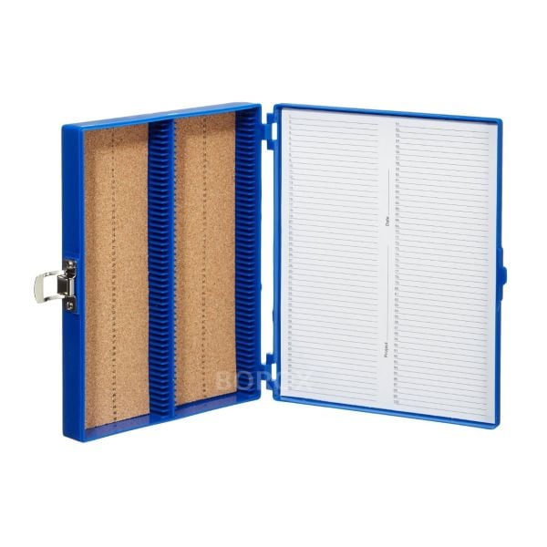 Borox Mikroskop Slide Saklama Kutusu - Mantar Tabanlı 100lü Slayt Kabı - Metal Kilitli - Mavi - 10 Adet Toptan