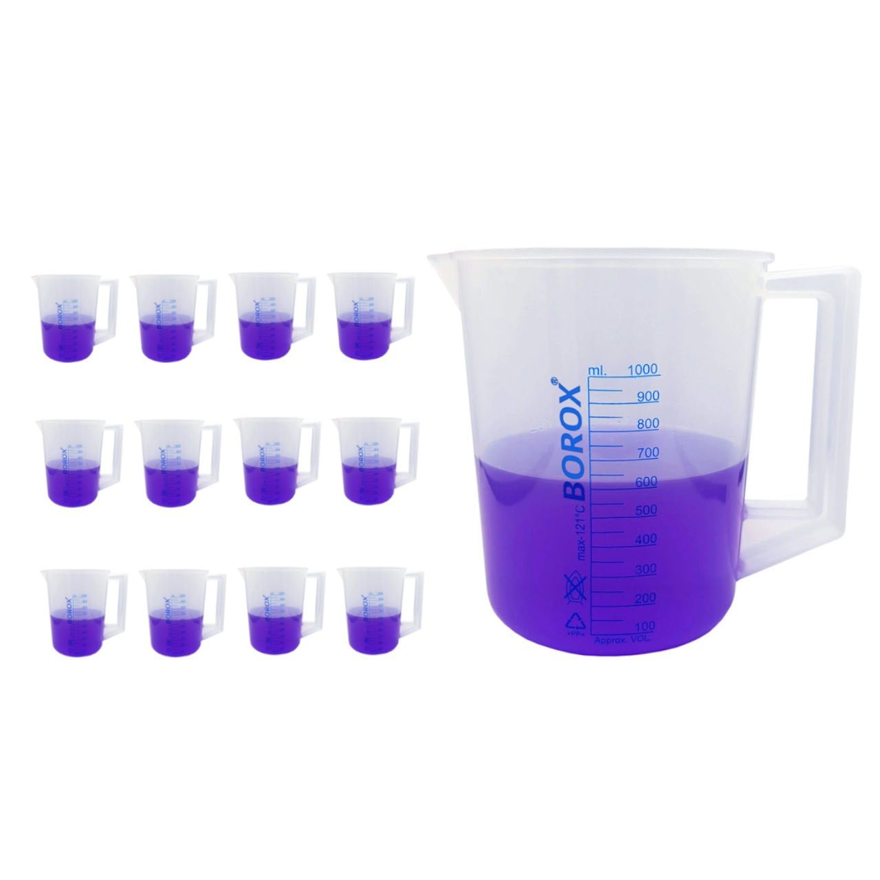Borox Kulplu Plastik Beher 1000 ml - Ölçü Kabı - Mavi Skala - 12 Adet Toptan
