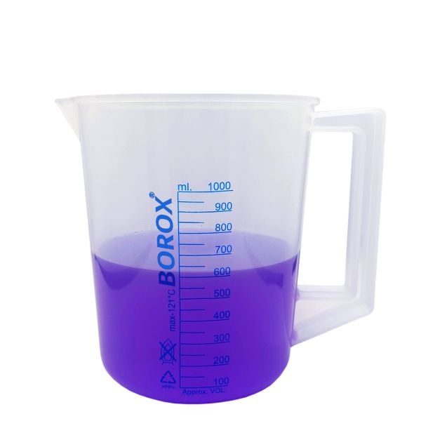 Borox Kulplu Plastik Beher 1000 ml - Ölçü Kabı - Mavi Skala - 12 Adet Toptan
