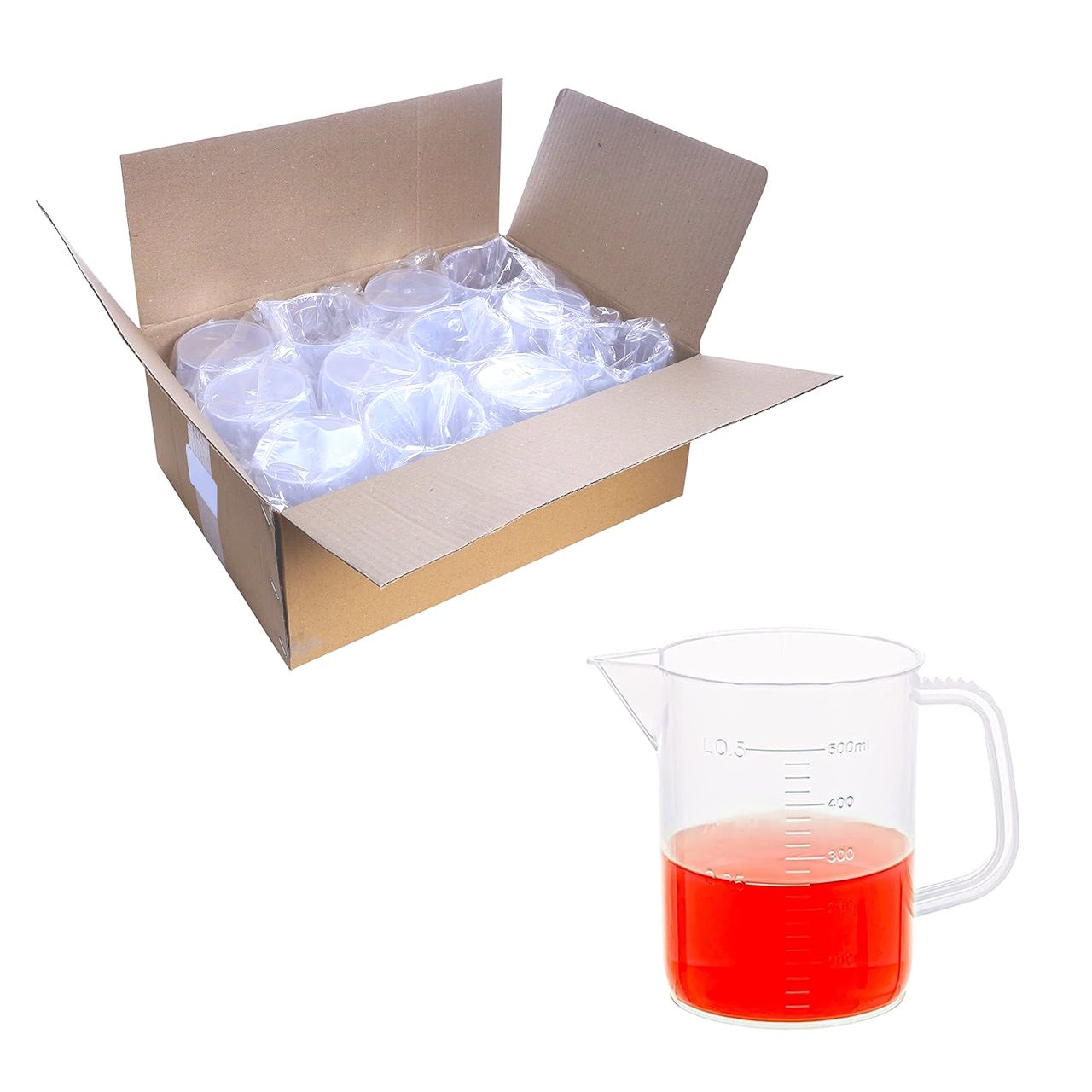 Borox Kulplu Plastik Beher 500 ml - Kabartma Dereceli Beaker - Ölçü Kabı - PP Beher - 12 Adet/Toptan