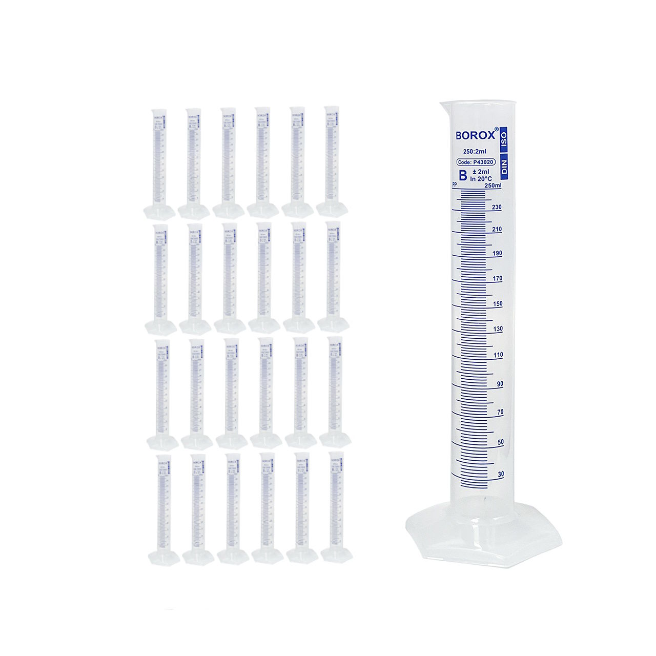 Borox Plastik Mezür 250 ml - Uzun Form - Dereceli Silindir Mavi Skala - 24 Adet Toptan