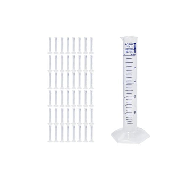 Borox Plastik Mezür 50 ml - Uzun Form - Dereceli Silindir Mavi Skala - 48 Adet Toptan