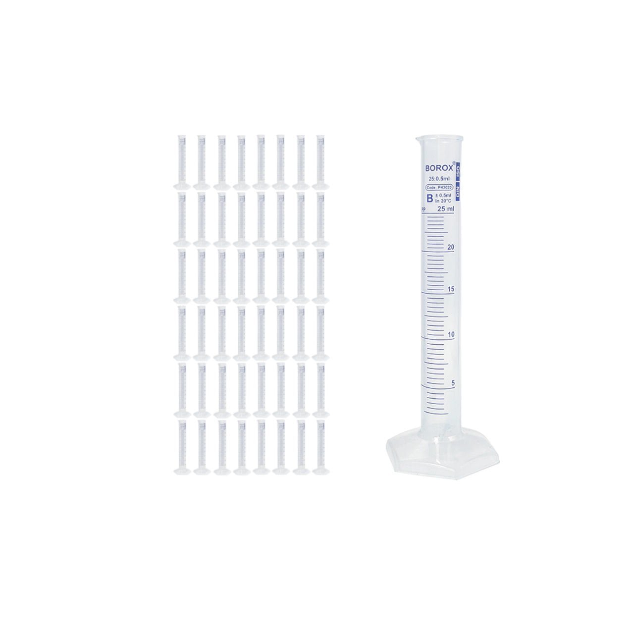 Borox Plastik Mezür 25 ml - Uzun Form - Dereceli Silindir Mavi Skala - 48 Adet Toptan