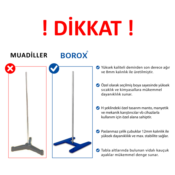 Borox Büret Standı 333x375mm - H Şeklinde Bunzen Mesnedi Set - 60cm Çubuklu - Yüksek Kalite