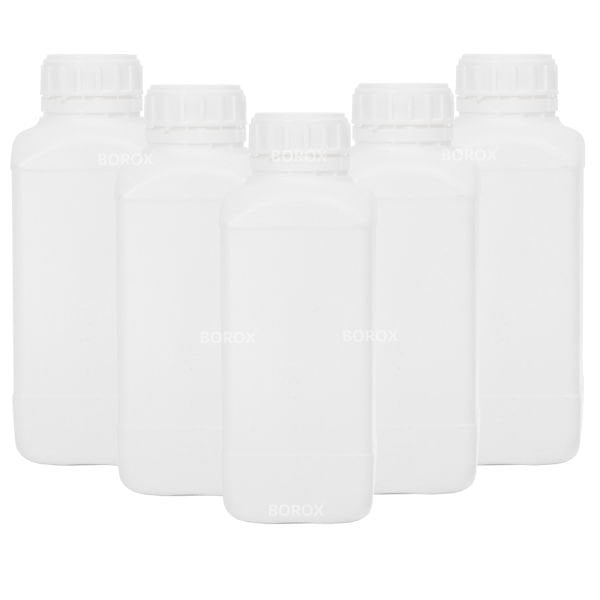 Borox Plastik Kare Şişe 1000 ml - Beyaz Kapaklı Şişe 5 Adet