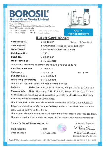 Borosil Cam Çalkalamalı Mezür 50 ml - Cam Tıpalı Sertifikalı