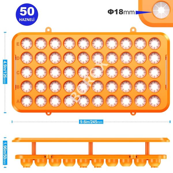 Deney Tüpü Standı 10mm-18mm Arası Tüpler İçin - 50 Delikli - 10 Adet/Paket