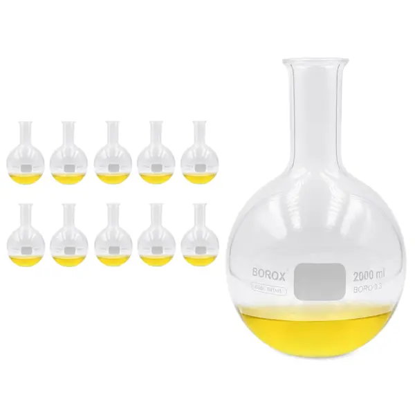 Borox Cam Balon 2000 ml - Dibi Düz - Şilifsiz Deney Balonu - 10 Adet Toptan