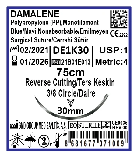 Damalene Emilmeyen Cerrahi Sütür - PP İplik - USP: 1-75 cm - 3/8 Daire 30 mm - Ters Keskin İğne