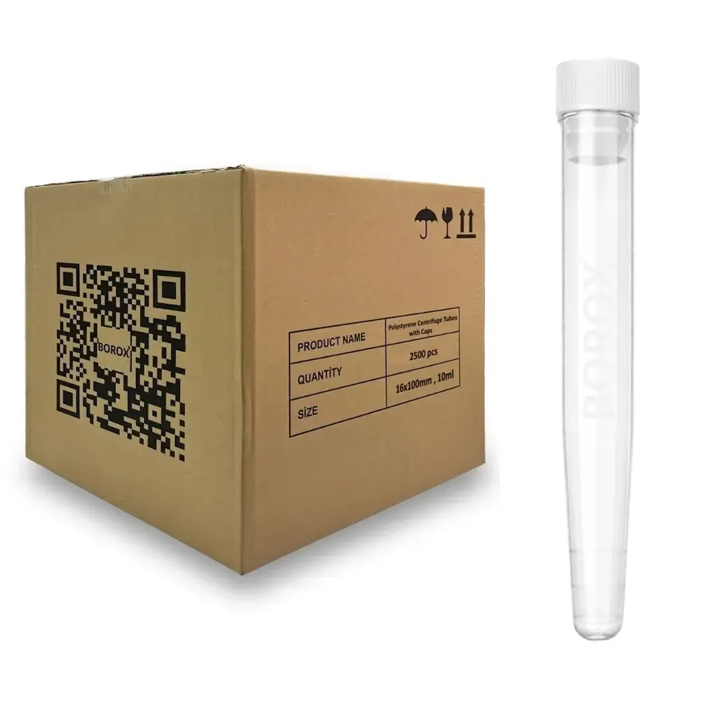 Plastik Test Tüpü Kapaklı 16x100mm-P.S Tüp 10ml Dibi Konik - 2500 Adet/10 Paket Toptan