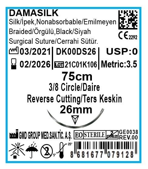 Damasilk Cerrahi Sütür - Emilmeyen Dikiş İpliği - İpek İplik - USP:0 - 75 cm - 3/8 Daire 26 mm - Ters Keskin İğne