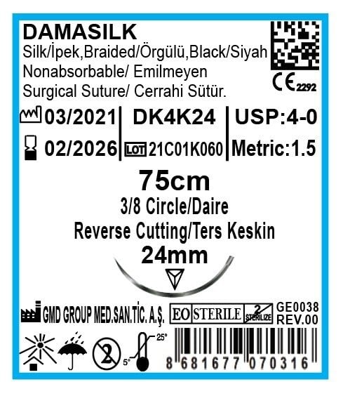 Damasilk Cerrahi Sütür - Emilmeyen Dikiş İpliği - İpek İplik - USP:4-0 - 75 cm - 3/8 Daire 24 mm - Ters Keskin İğne