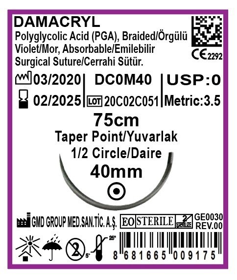 Damacryl Emilebilir Cerrahi Sütür - PGA İplik - USP: 0-75cm - 1/2 Daire 40 mm - Yuvarlak İğne