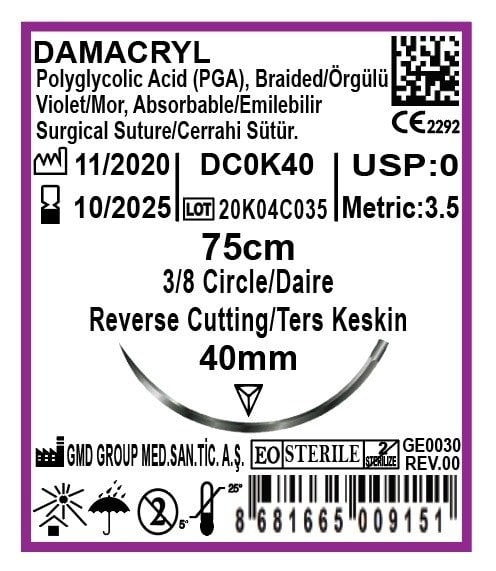Damacryl Emilebilir Cerrahi Sütür - PGA İplik - USP: 0-75cm - 3/8 Daire 40 mm - Ters Keskin İğne