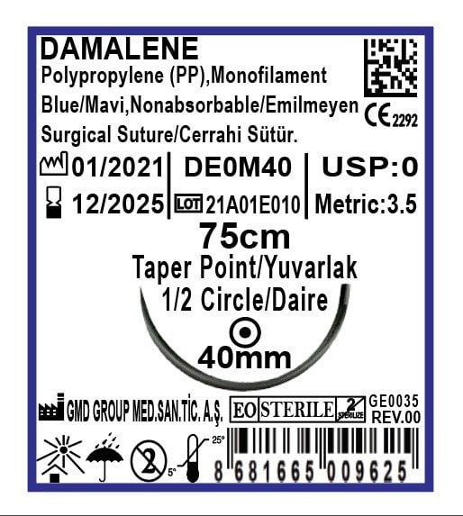 Damalene Emilmeyen Cerrahi Sütür - PP iplik - USP :0 - 75cm - 1/2 Daire 40 mm - Yuvarlak İğne