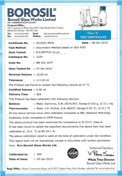 Borosil Cam Piknometre 10 ml - Kalibreli - Sertifikalı