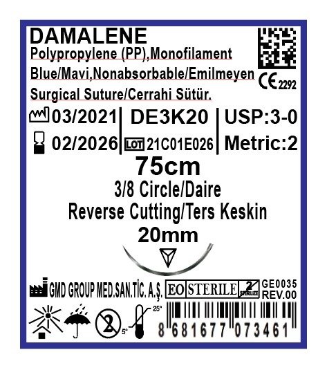 Damalene Emilmeyen Cerrahi Sütür - PP İplik - USP: 3-0-75cm - 3/8 Daire 20 mm - Ters Keskin İğne