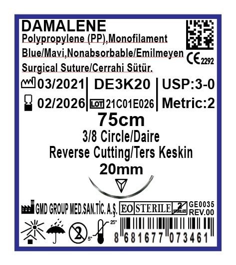 Damalene Emilmeyen Cerrahi Sütür - PP İplik - USP: 3-0-75cm - 3/8 Daire 20 mm - Ters Keskin İğne