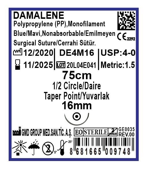 Damalene Emilmeyen Cerrahi Sütür - PP iplik - USP:4-0 - 75cm - 1/2 Daire 16 mm - Yuvarlak İğne