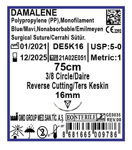 Damalene Emilmeyen Cerrahi Sütür - PP İplik - USP: 5-0-75cm - 3/8 Daire 16 mm - Ters Keskin İğne