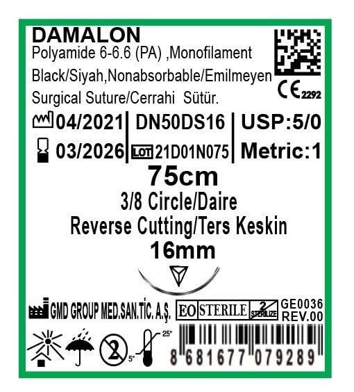 Cerrahi Sütür - Emilmeyen Ameliyat İpliği - Damalon PA İplik - USP:5-0 - 75 cm - 3/8 Daire 16 mm - Ters Keskin İğne