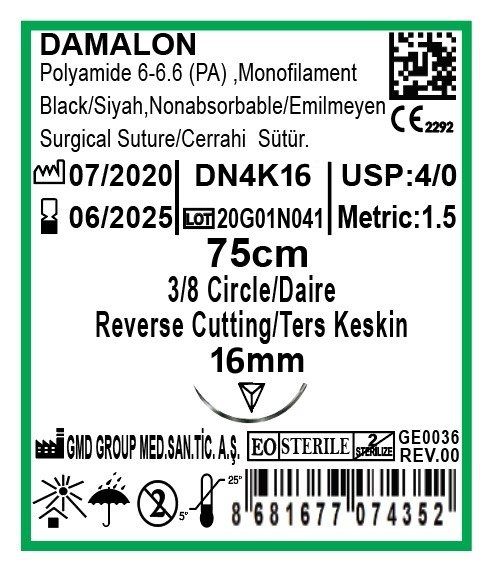 Cerrahi Sütür - Emilmeyen Ameliyat İpliği - Damalon PA İplik - USP:4-0 - 75 cm - 3/8 Daire 16 mm - Ters Keskin İğne