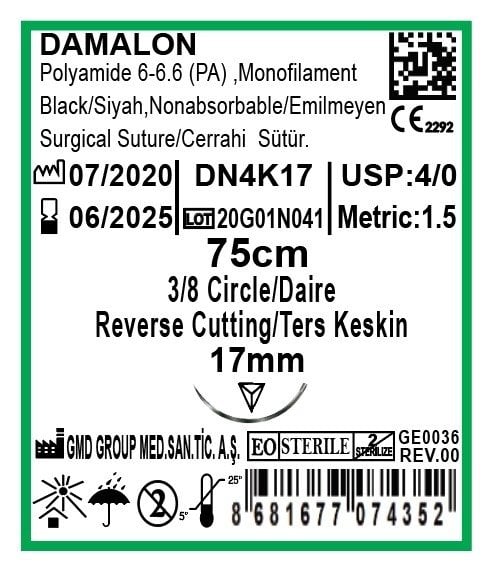 Cerrahi Sütür - Emilmeyen Ameliyat İpliği - Damalon PA İplik - USP:4-0 - 75 cm - 3/8 Daire 17 mm - Ters Keskin İğne