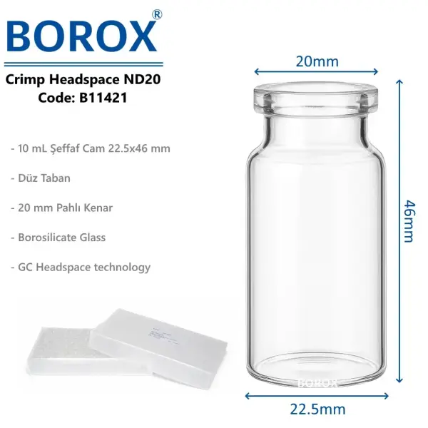 Borox Kapaklı Tıpalı Cam Şişe 10ml - Crimp Vial ND20 - Şeffaf - Dibi Düz - 100 Adet/Paket